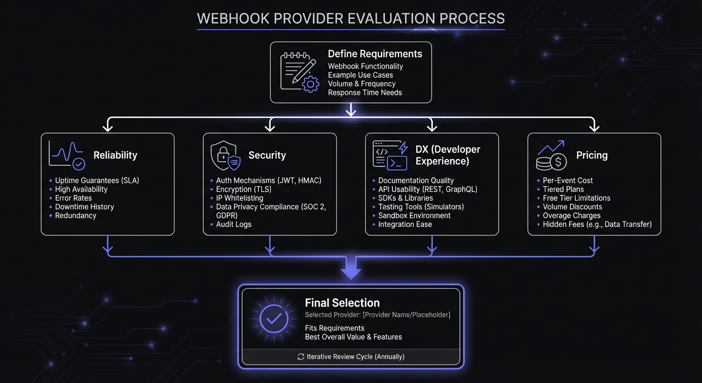 Webhook provider evaluation process showing requirements definition, evaluation criteria across reliability, security, developer experience, and pricing, leading to final selection