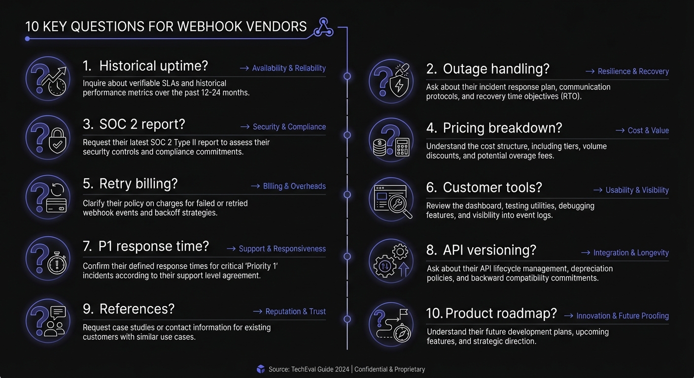 10 key questions to ask webhook vendors covering uptime history, outage handling, SOC 2 reports, pricing, retry billing, customer tools, support response times, API versioning, references, and product roadmap