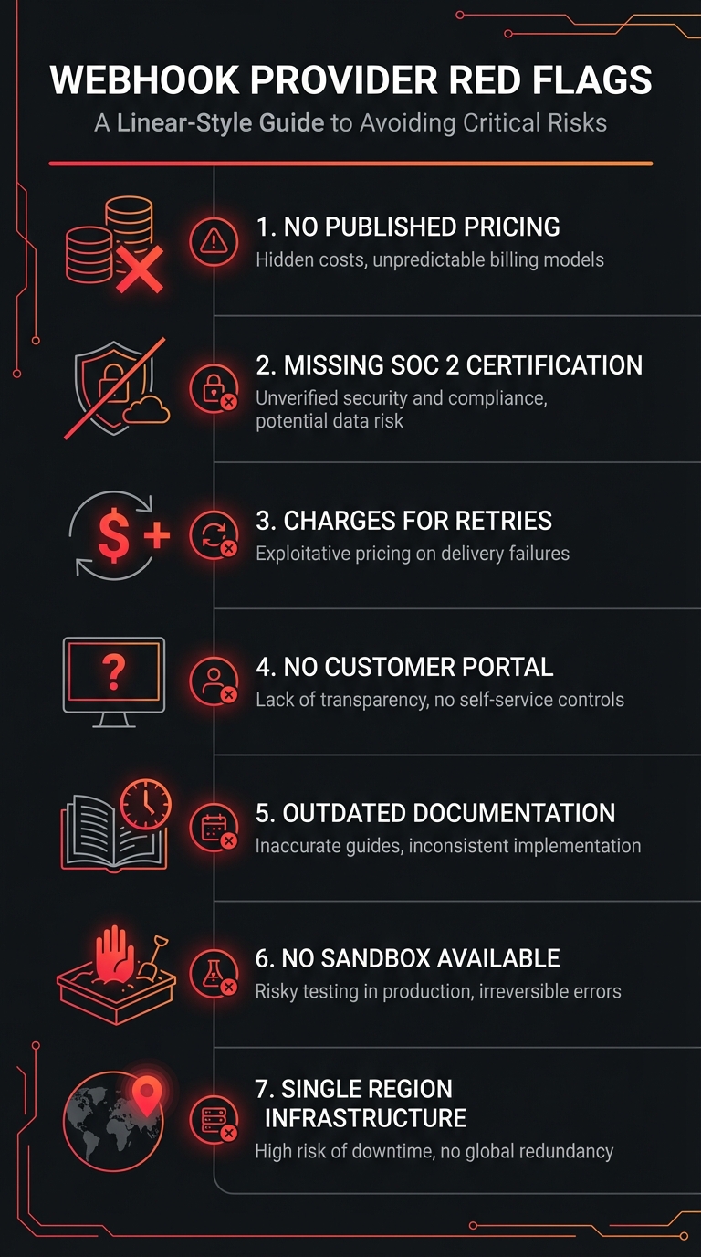 Webhook provider red flags to avoid: no published pricing, missing SOC 2 certification, charges for retries, no customer portal, outdated documentation, no sandbox available, and single region infrastructure