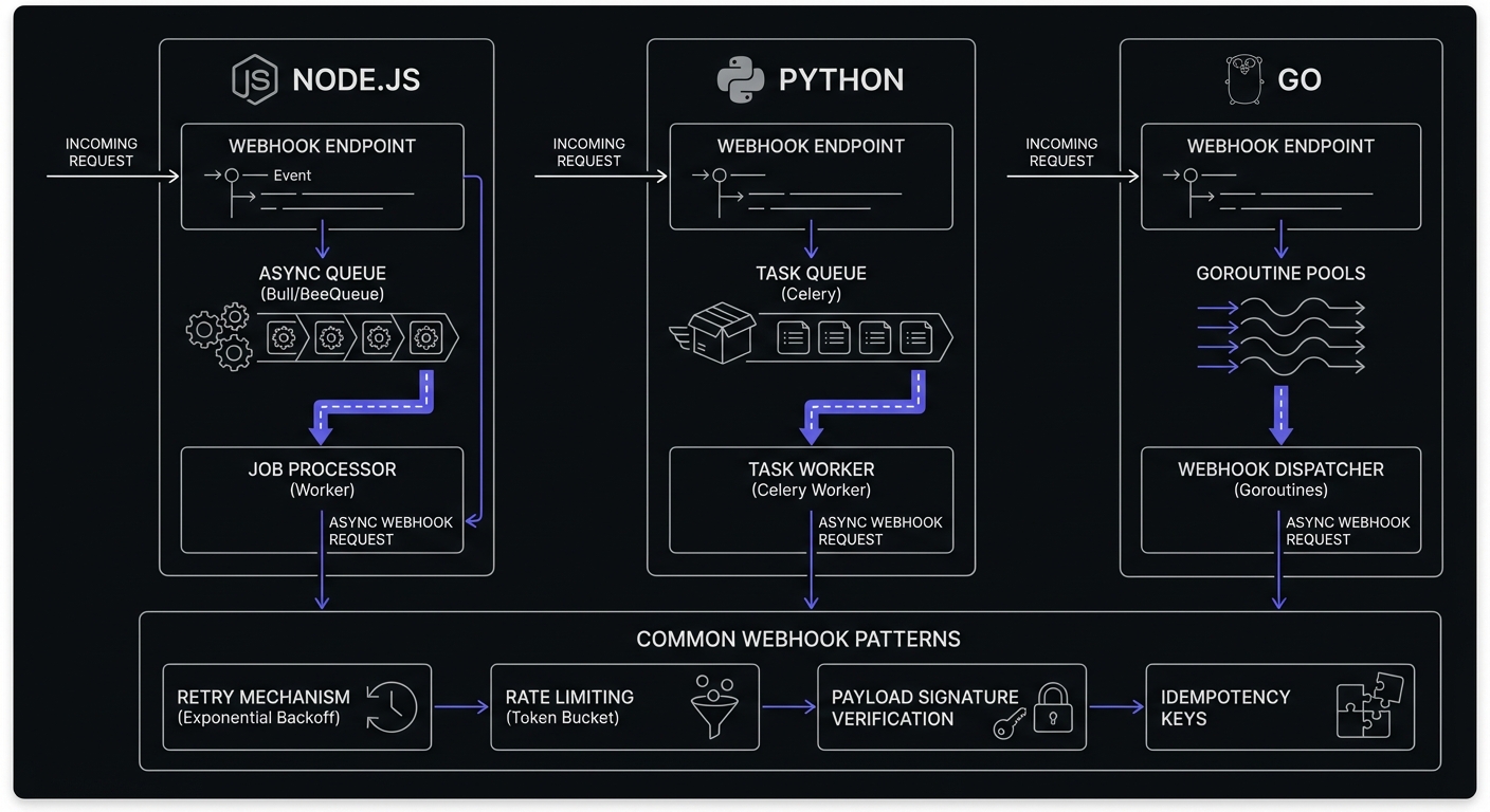 Webhook implementation patterns across Node.js, Python, and Go showing language-specific async patterns and common webhook patterns