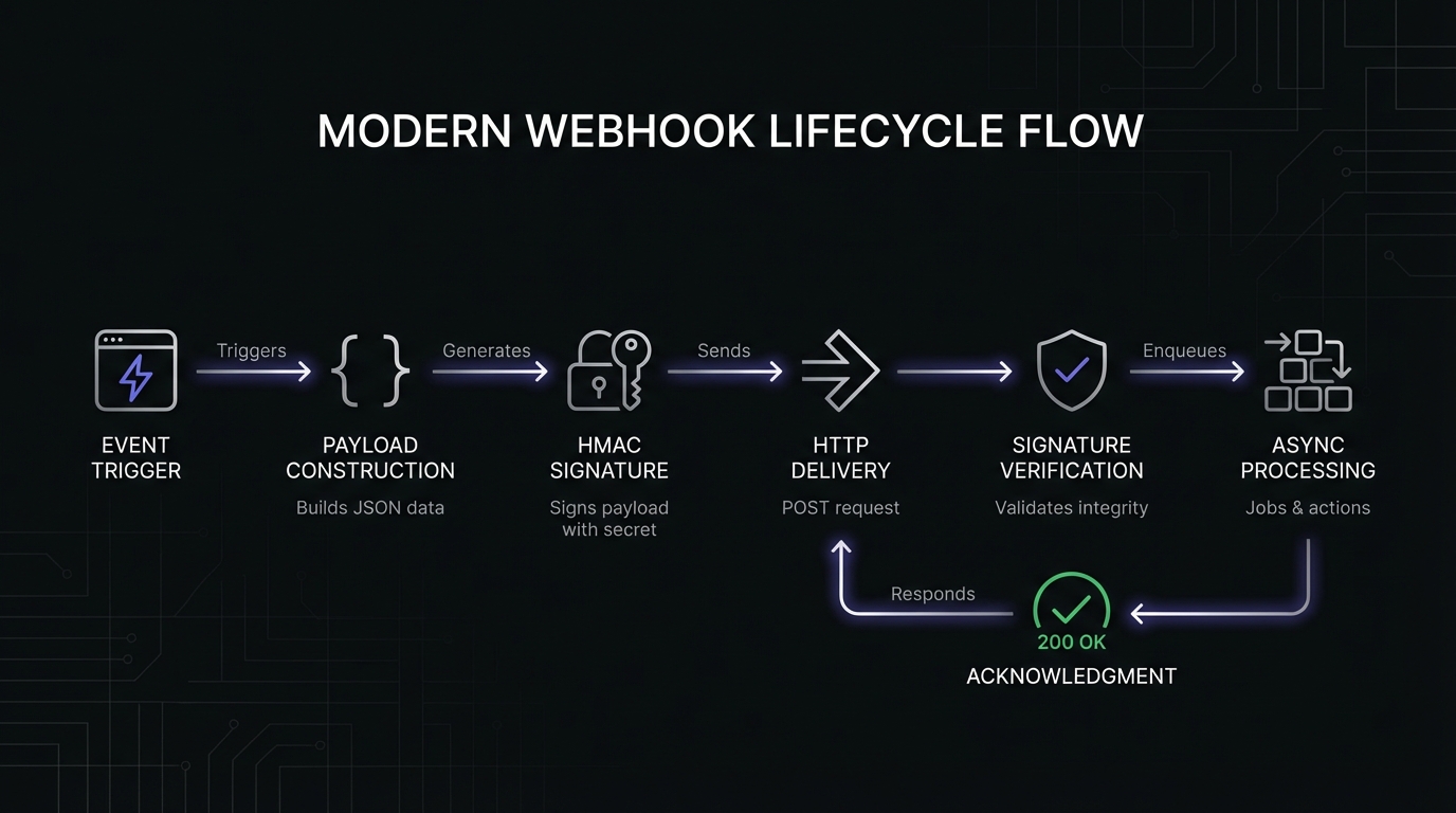 Modern webhook lifecycle flow showing event trigger, payload construction, HMAC signature, HTTP delivery, signature verification, async processing, and acknowledgment