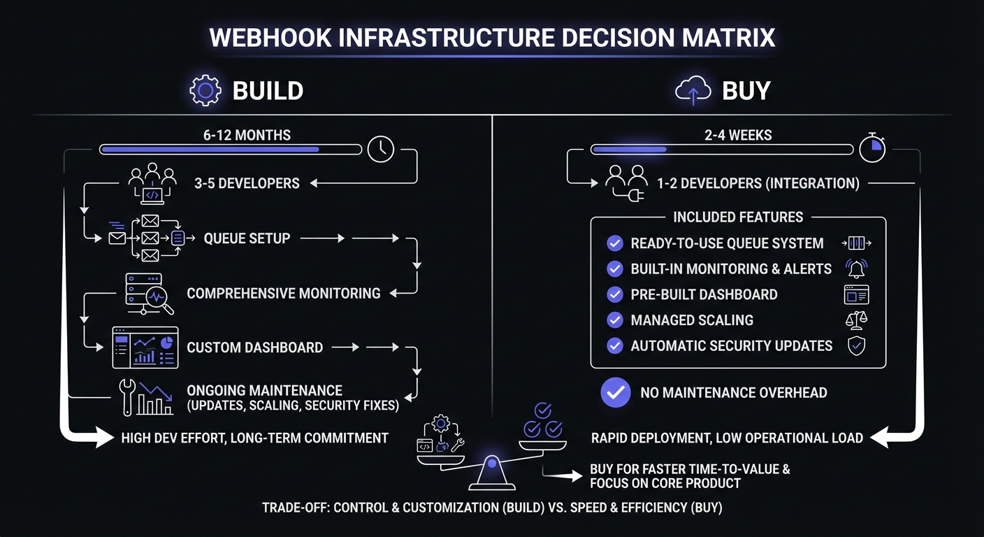 Webhook infrastructure decision matrix comparing Build (6-12 months, 3-5 developers, queue setup, monitoring, dashboard, ongoing maintenance) versus Buy (2-4 weeks, 1-2 developers, included features like ready-to-use queue, built-in monitoring, pre-built dashboard, managed scaling)