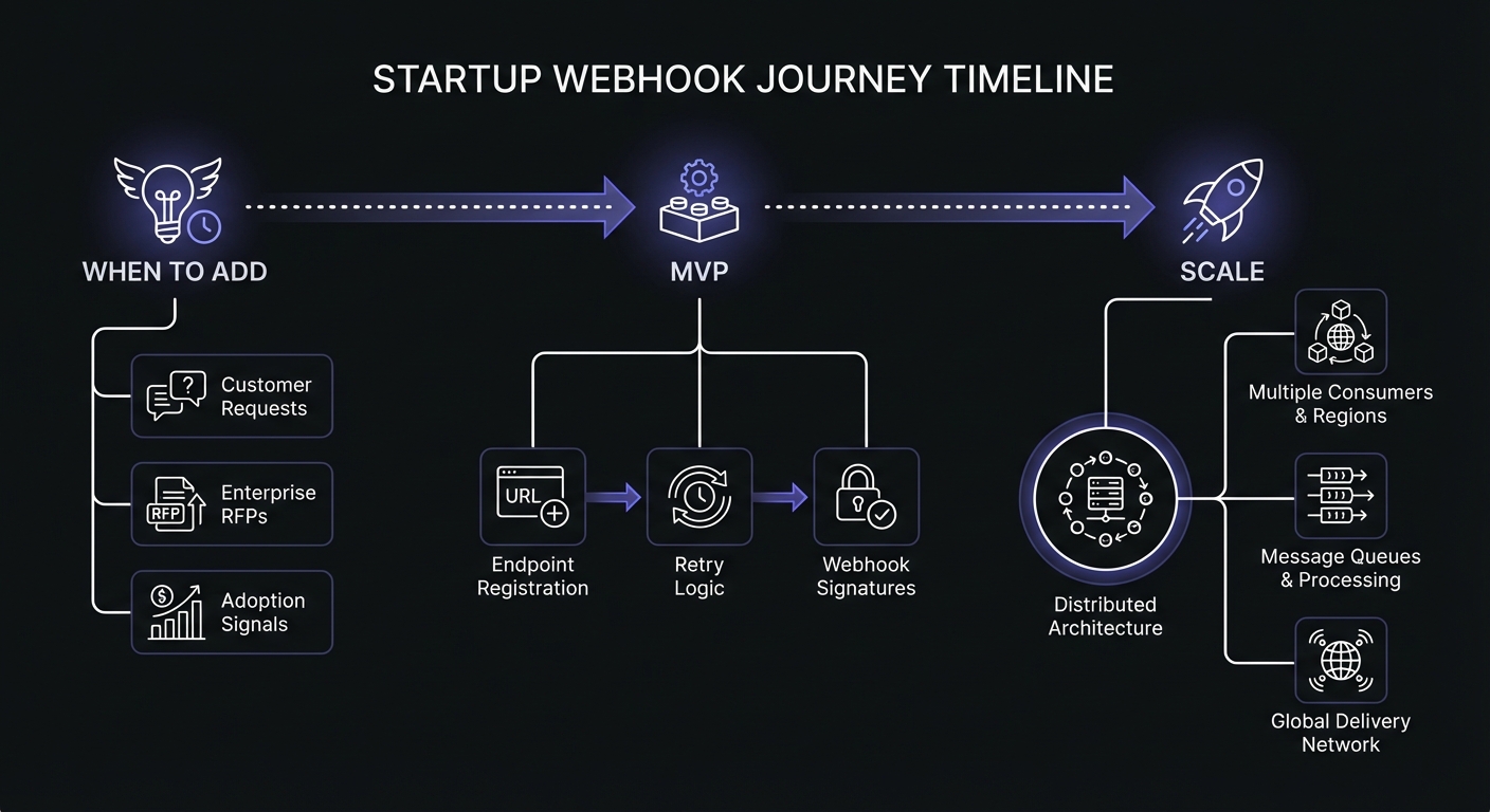 Startup webhook journey timeline showing three phases: When to Add (customer requests, enterprise RFPs, adoption signals), MVP (endpoint registration, retry logic, webhook signatures), and Scale (distributed architecture, message queues, global delivery)