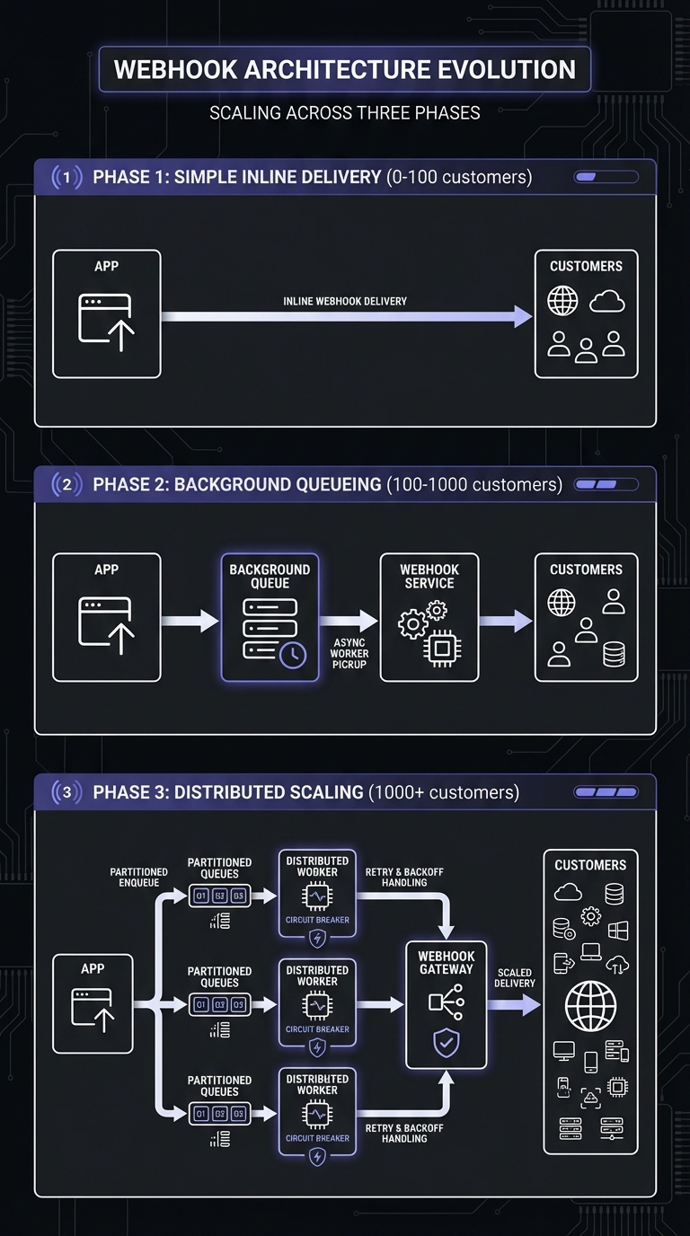 Webhook architecture evolution showing three scaling phases: Phase 1 (0-100 customers) with simple inline delivery, Phase 2 (100-1000 customers) with background queueing and async workers, Phase 3 (1000+ customers) with distributed system including partitioned queues, circuit breakers, and scalable webhook delivery