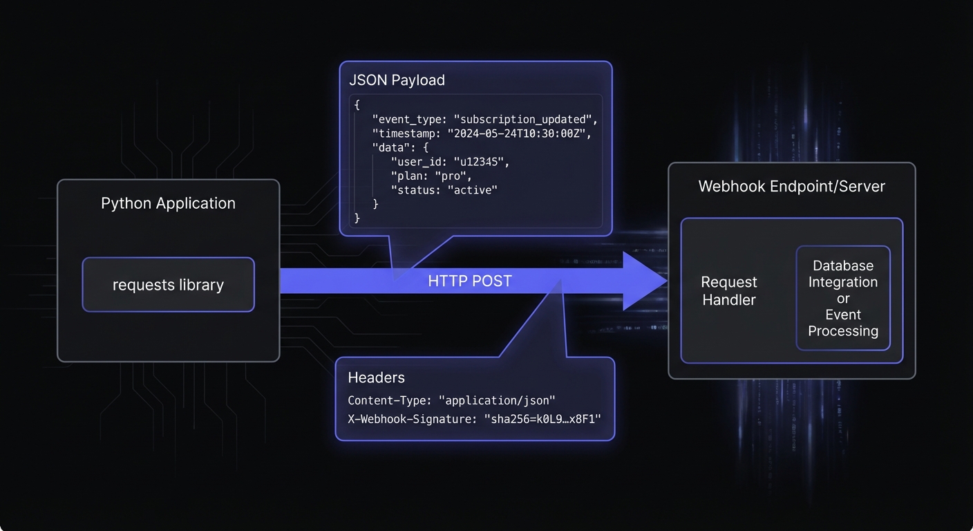 Python webhook delivery flow showing HTTP POST request with JSON payload and signature headers