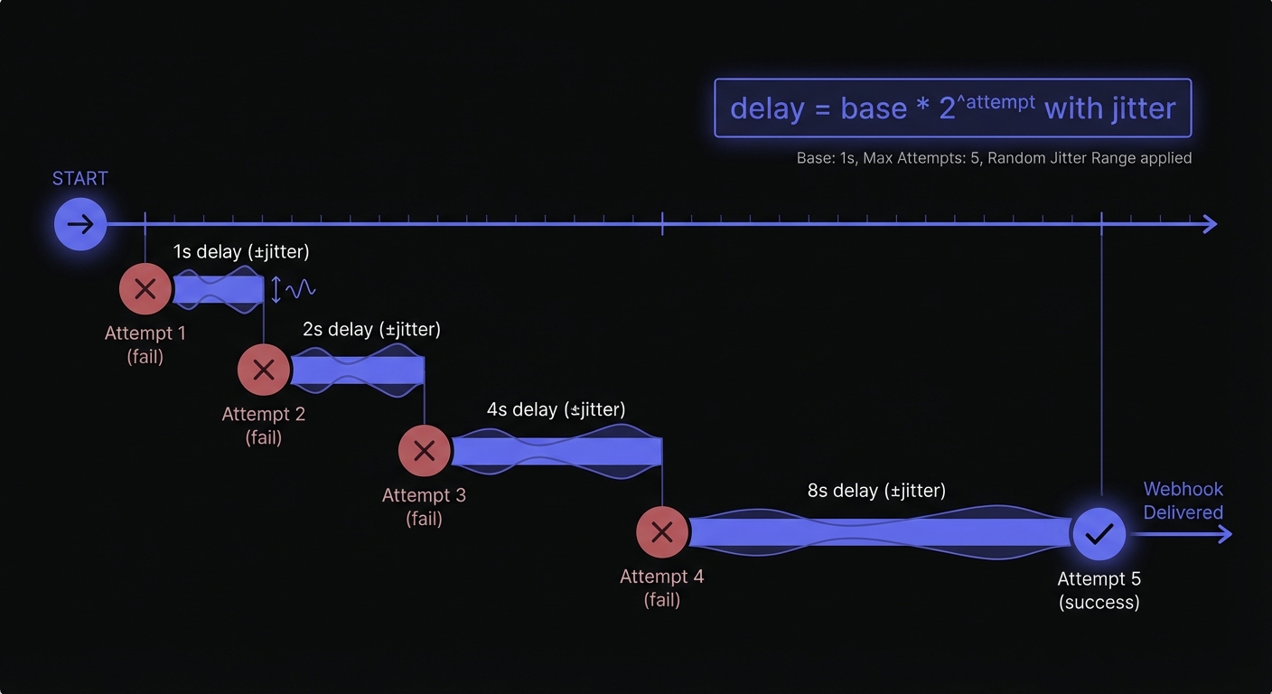 Exponential backoff retry timeline showing increasing delays with jitter between webhook delivery attempts
