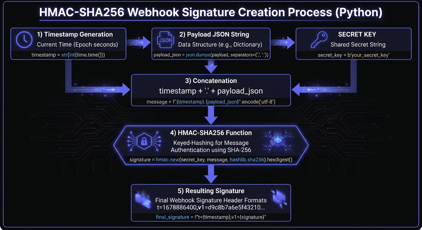 HMAC-SHA256 signature creation flow diagram showing timestamp, payload concatenation, and signature generation