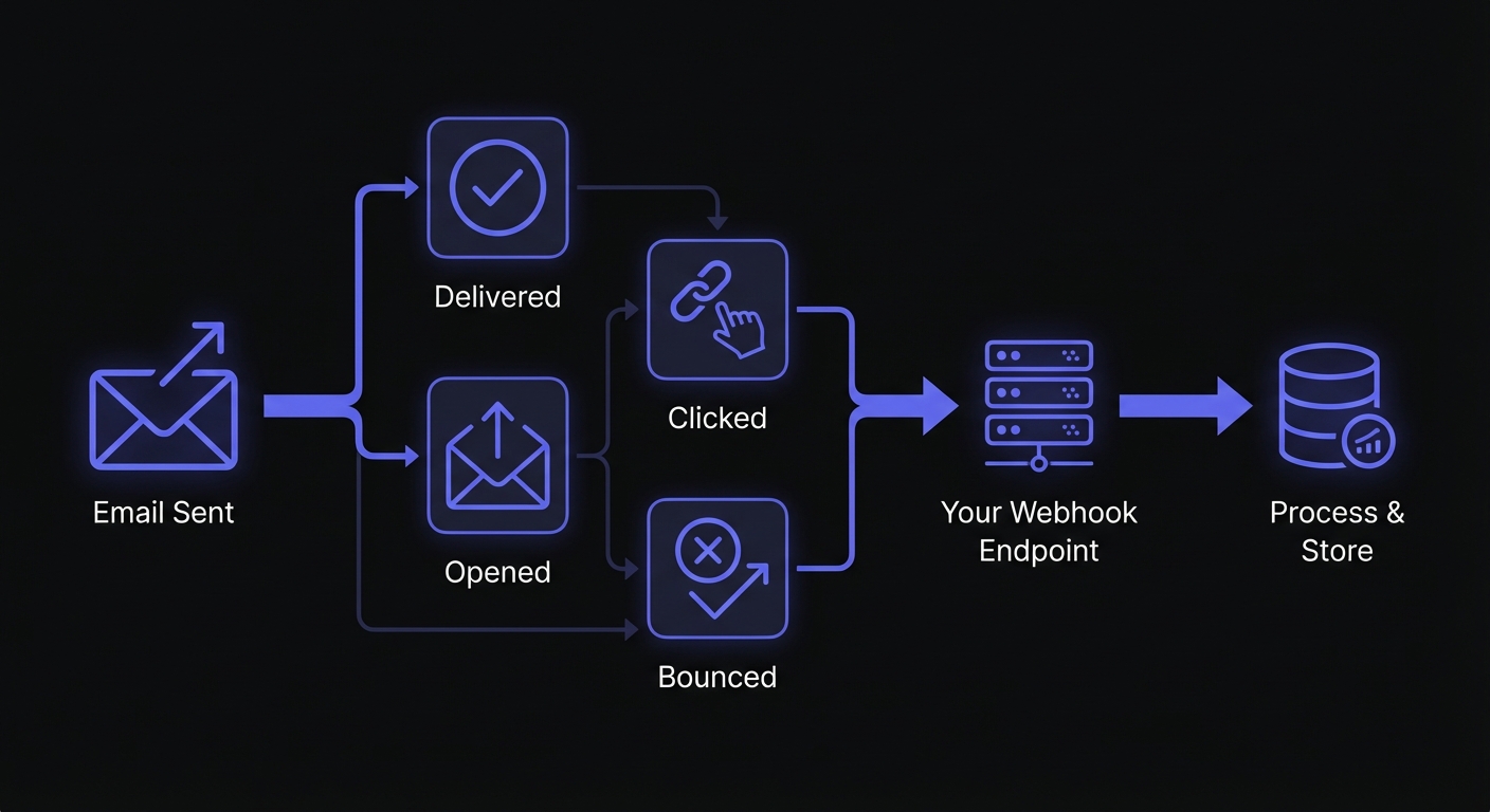 SendGrid webhook event flow showing emails triggering events that post to your endpoint