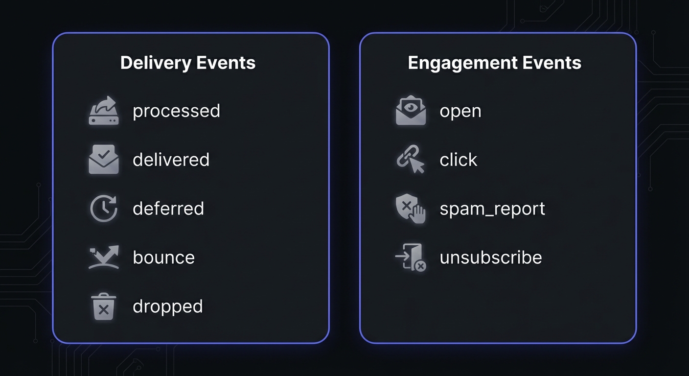 SendGrid event types categorized into delivery and engagement events