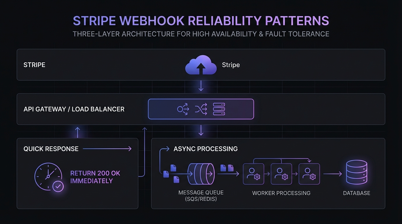 Architecture diagram showing async webhook processing with immediate response and background queue processing