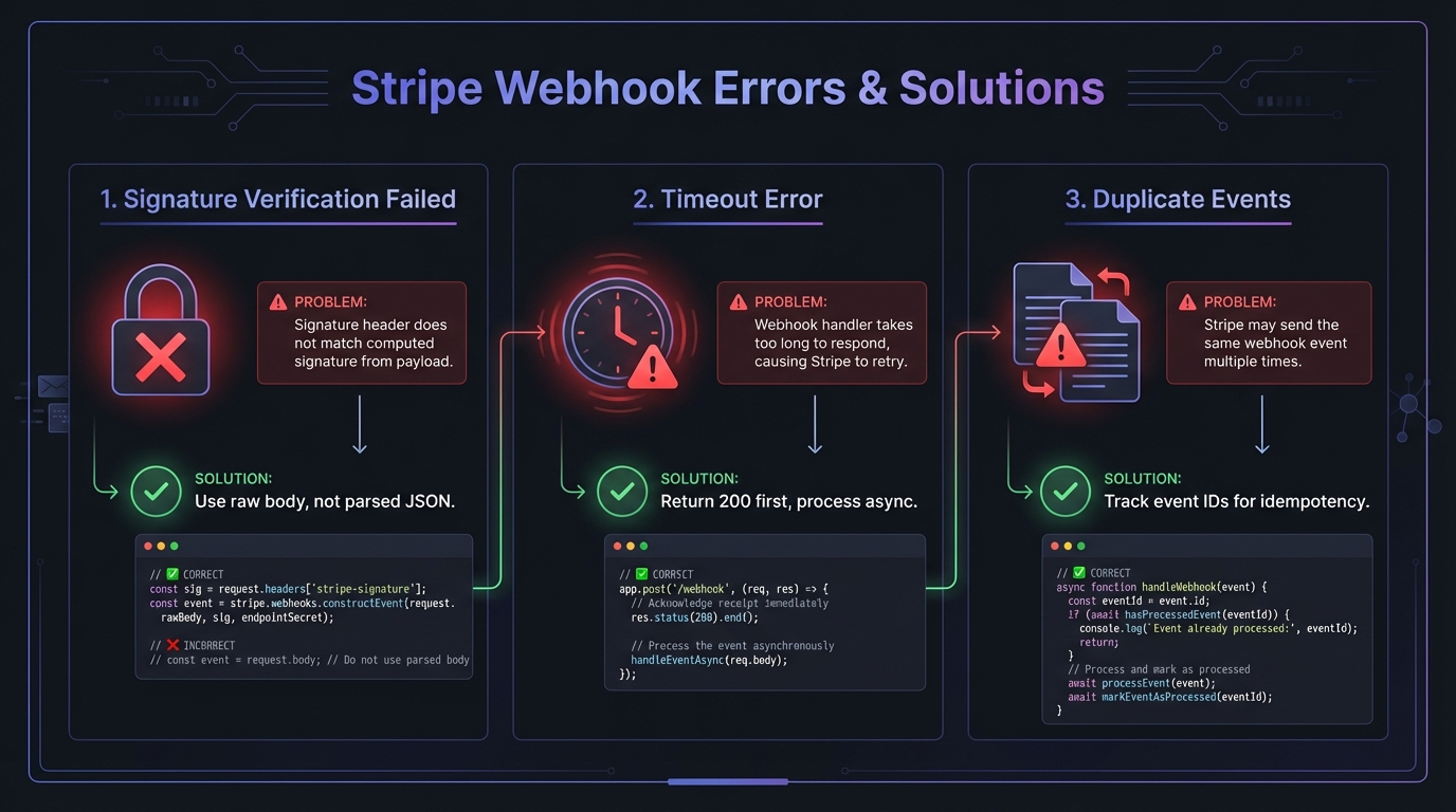 Diagram showing common Stripe webhook errors and their solutions