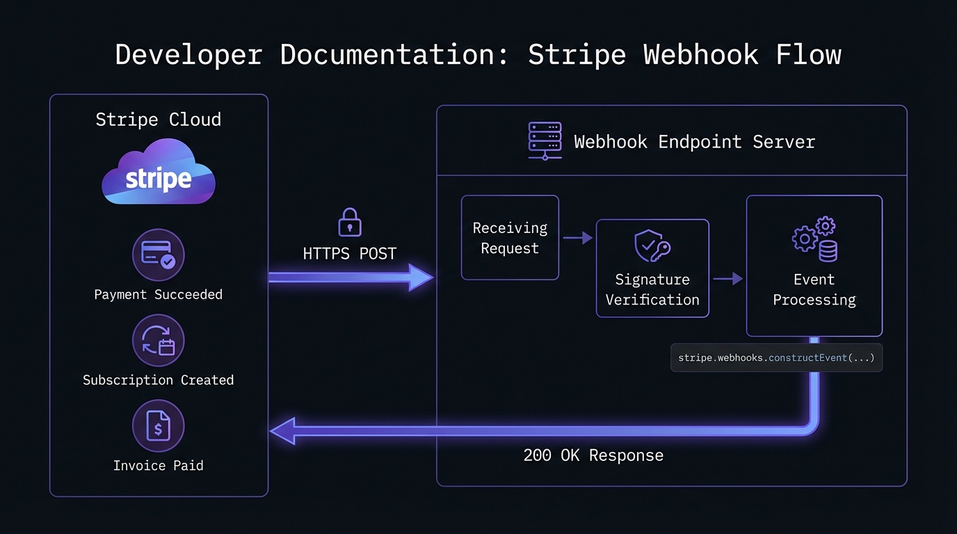 Stripe webhook flow diagram showing the path from Stripe events through signature verification to your application