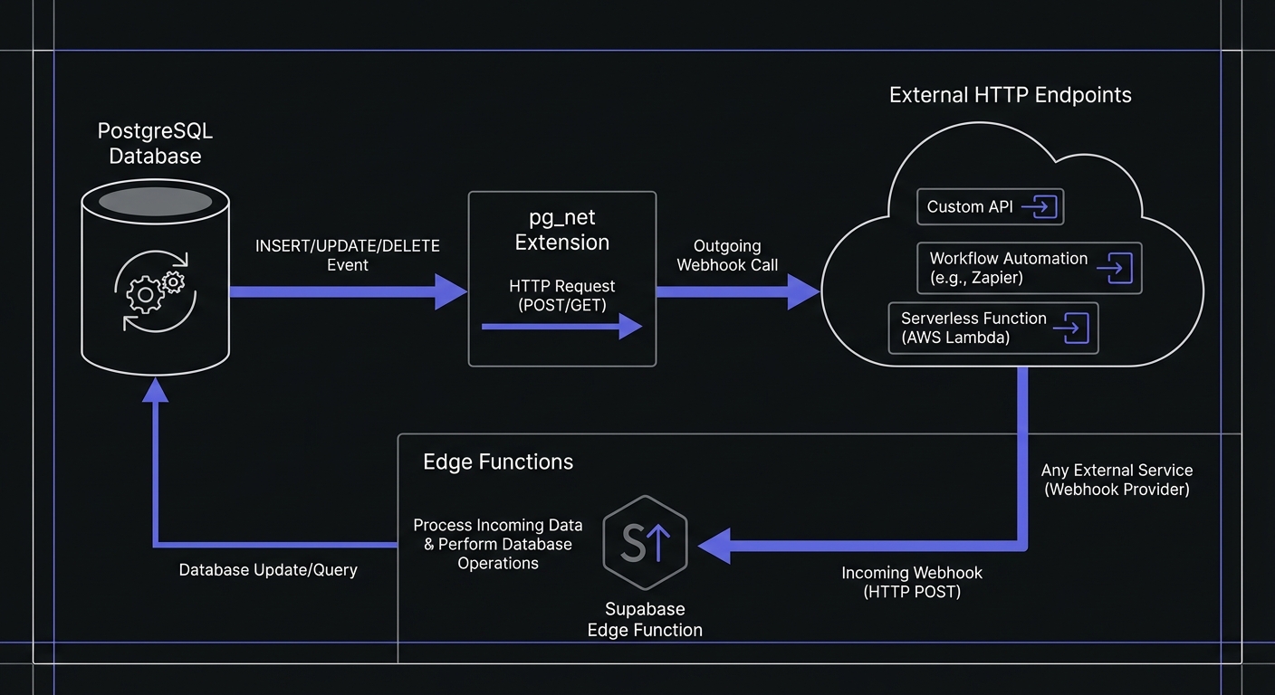 Supabase webhook architecture showing outbound webhooks via pg_net and inbound webhooks via Edge Functions
