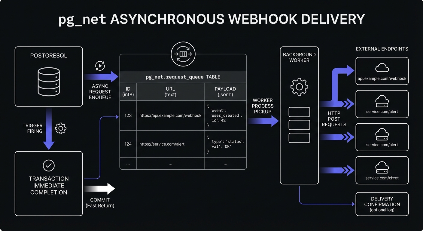 pg_net asynchronous webhook delivery showing the request queue table and background worker processing