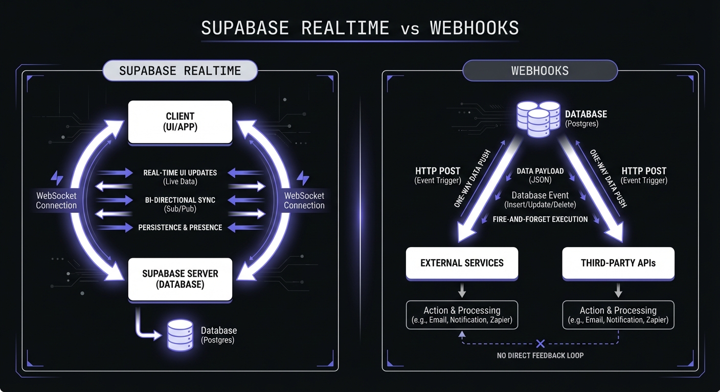 Comparison of Supabase Realtime subscriptions using WebSockets versus webhooks using HTTP POST