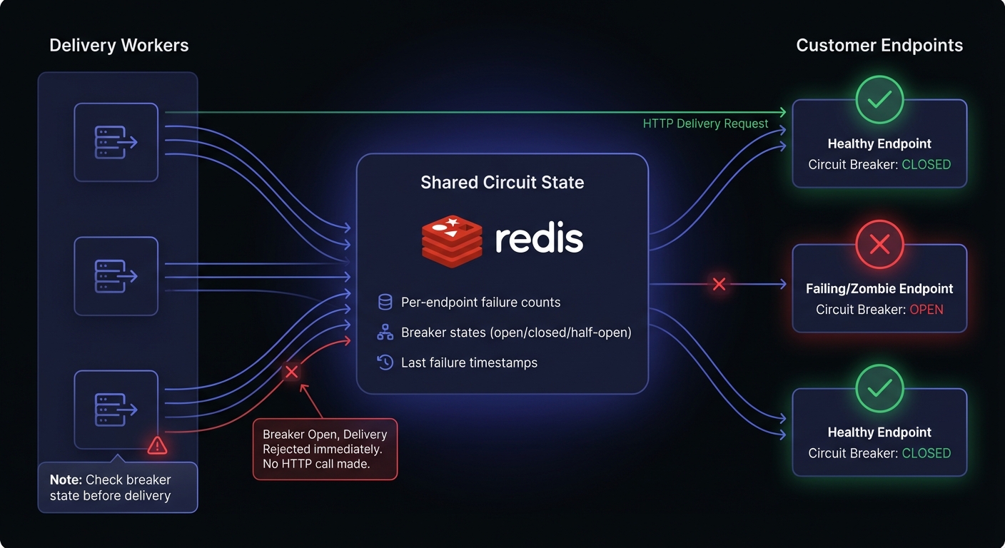 Distributed circuit breaker architecture showing multiple delivery workers checking shared Redis state before attempting delivery, with one failing endpoint's breaker open while healthy endpoints continue receiving webhooks