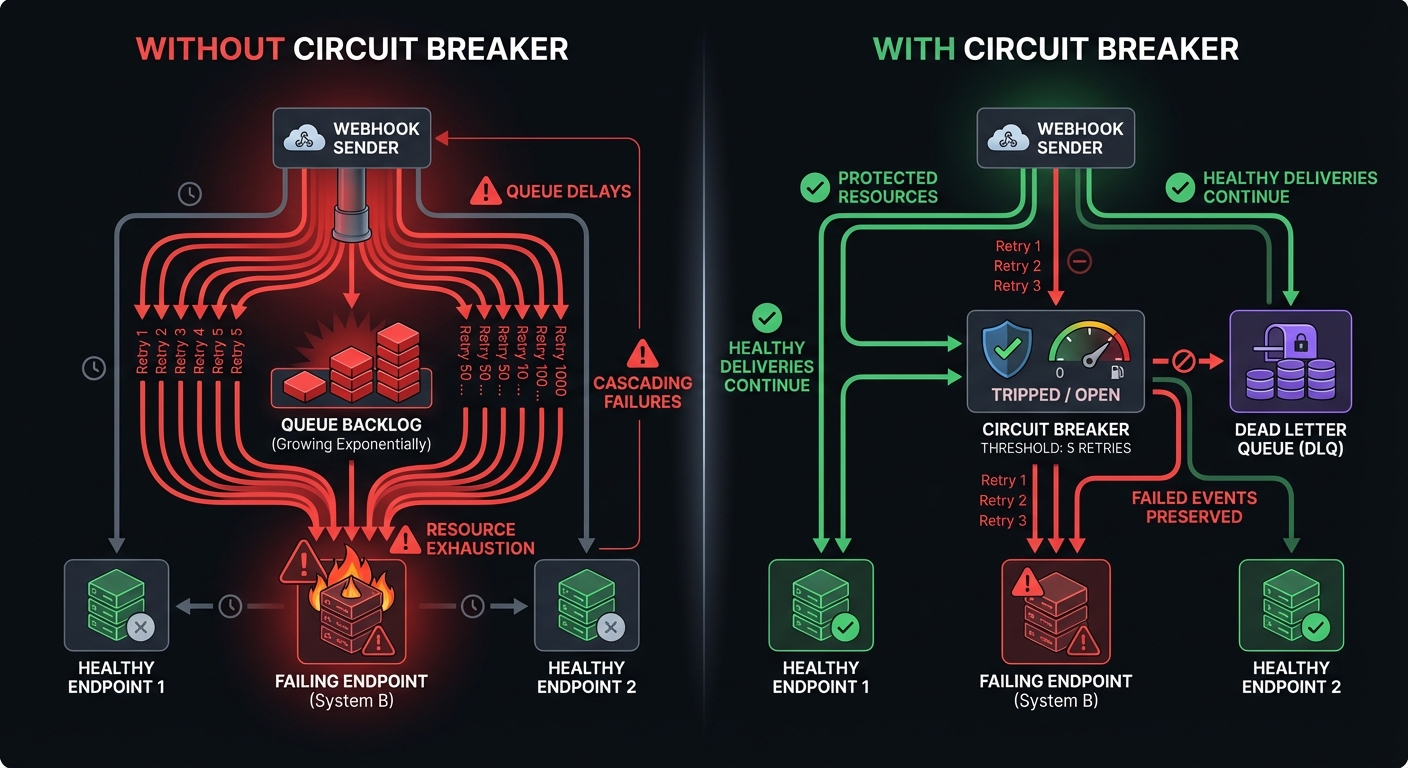 Comparison showing webhook delivery with and without circuit breakers - without circuit breakers, retry storms cause resource exhaustion and queue delays; with circuit breakers, failed deliveries route to dead letter queues while healthy endpoints continue receiving webhooks