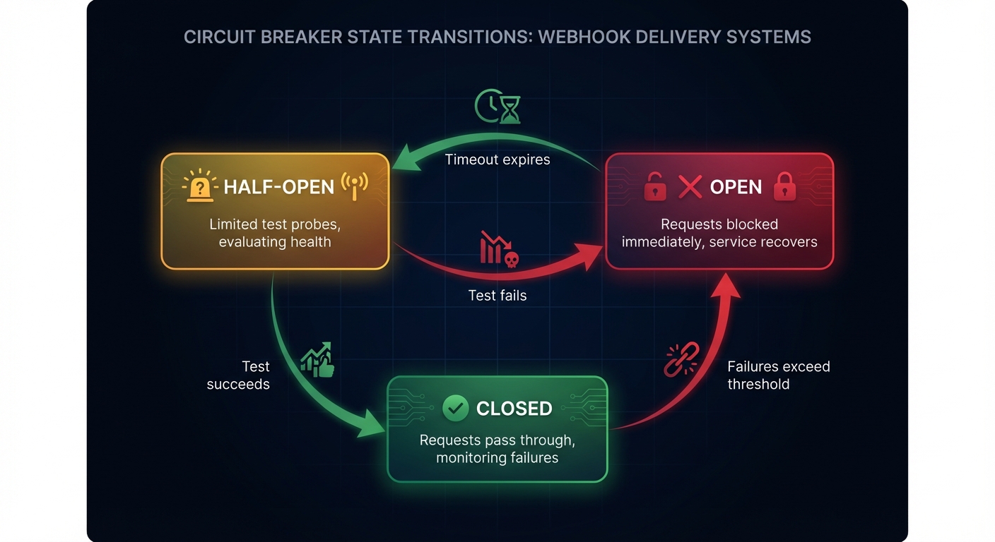 Circuit breaker state transition diagram showing Closed, Open, and Half-Open states with arrows indicating transitions based on failure thresholds, timeouts, and test results