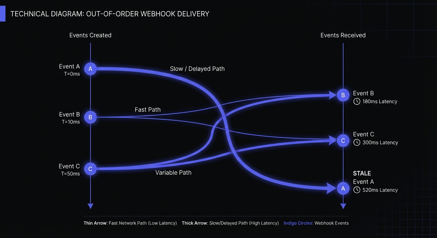 Diagram showing out-of-order webhook delivery where events created in sequence A, B, C arrive at the receiver as B, C, A due to varying network latencies