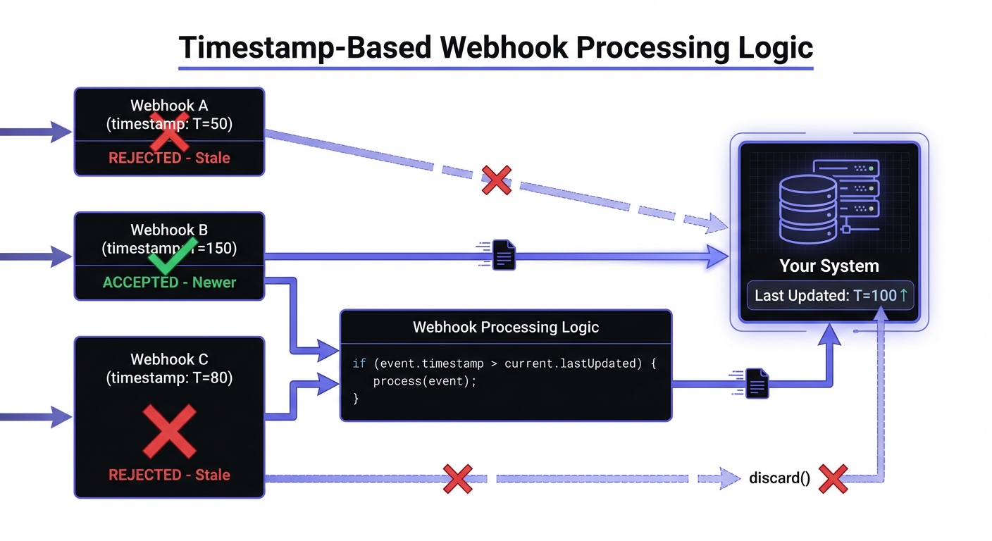 Diagram showing timestamp-based ordering where webhooks with older timestamps than the current state are rejected while newer ones are accepted