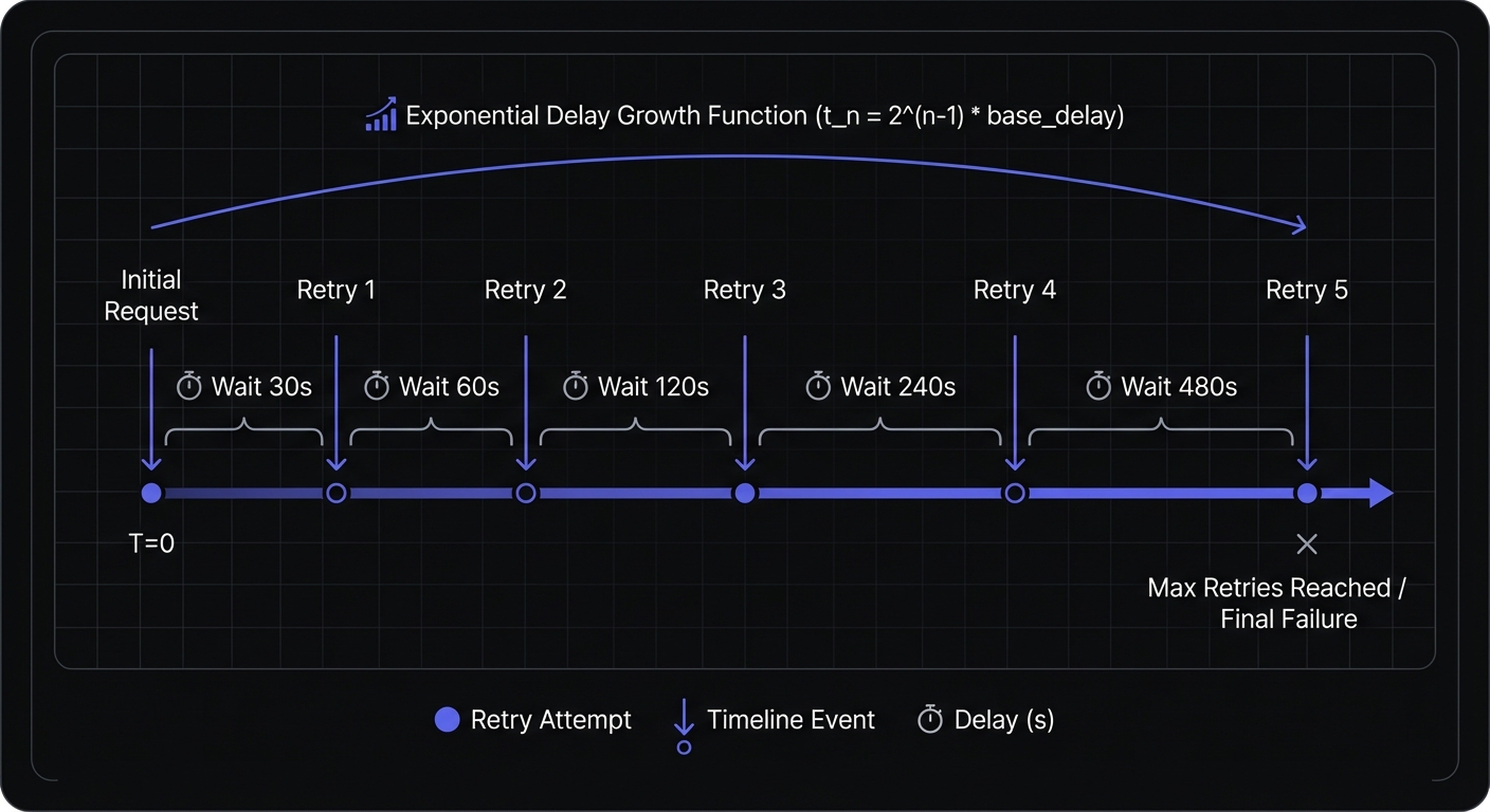Exponential backoff timeline showing retry delays growing from 30s to 480s across 5 attempts