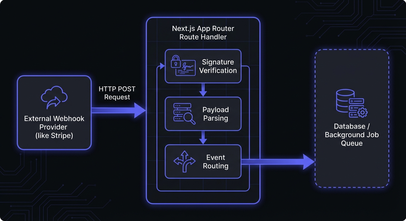 Next.js webhook architecture flow diagram showing an external provider sending HTTP POST requests to a Next.js route handler, which performs signature verification and routes events to processing