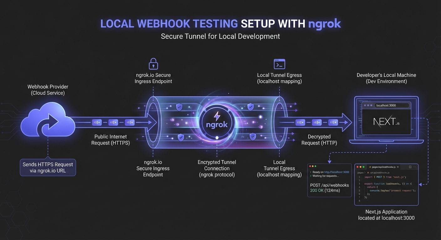 Local webhook testing setup showing webhook provider connecting through ngrok tunnel to local Next.js development server