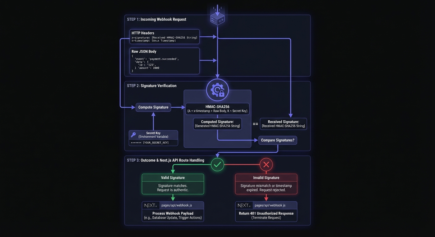 Webhook signature verification process showing incoming request with headers and body, HMAC-SHA256 computation, and signature comparison leading to accept or reject