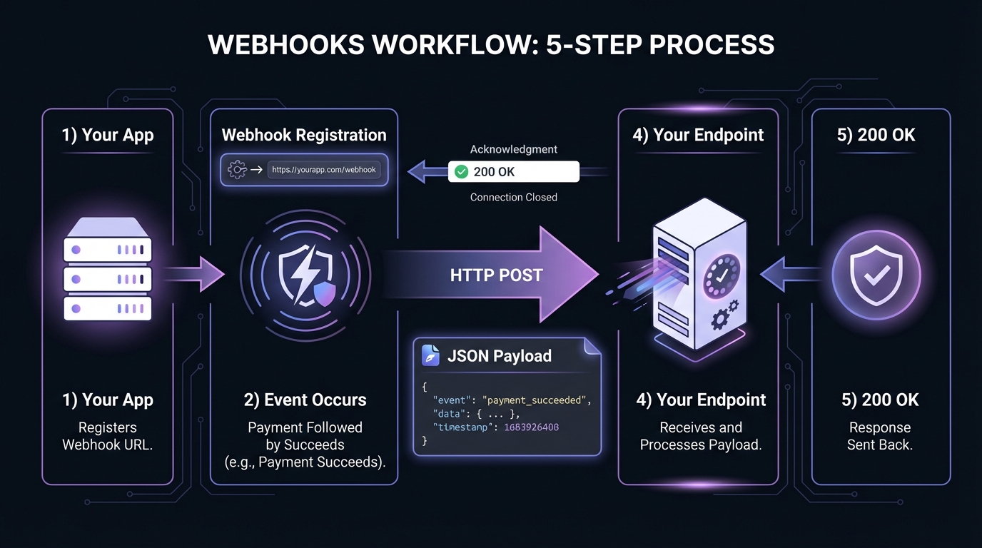 Webhook workflow showing the 5-step process: registration, event trigger, HTTP POST with JSON payload, endpoint processing, and 200 OK response