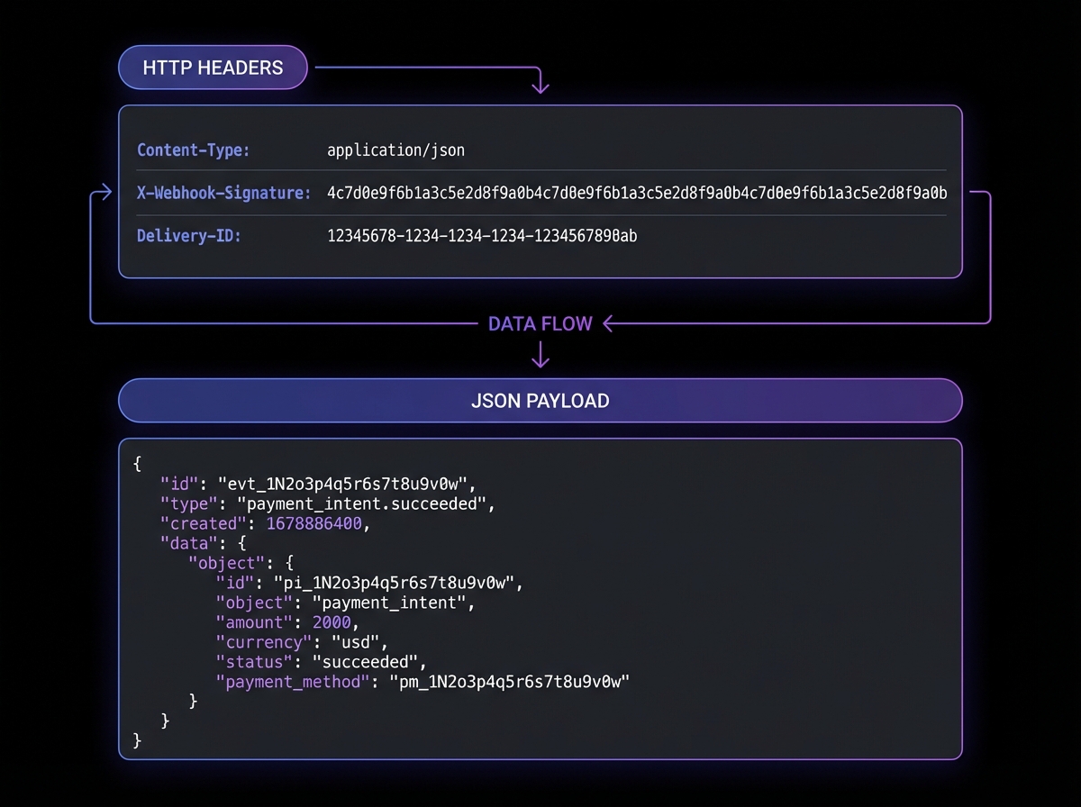 Anatomy of a webhook request showing HTTP headers (Content-Type, X-Webhook-Signature, Delivery-ID) and JSON payload structure with event data